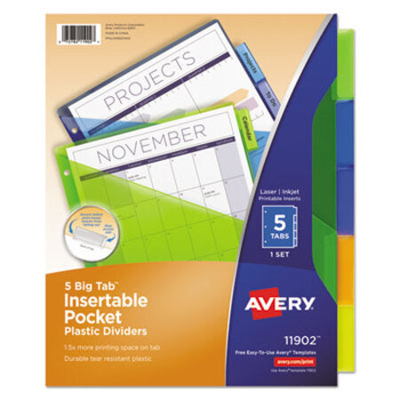 Avery® Insertable Big Tab Plastic 1-Pocket Dividers, 5-Tab, 11.13 x 9.25, Assorted, 1 Set - ST/1 - AVE-11902-ST