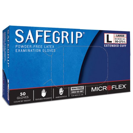 Microflex Medical Exam Glove SafeGrip® Large NonSterile Latex Extended Cuff Length Textured Fingertips Blue Chemo Tested - Case of 500 - SG-375-L-CS