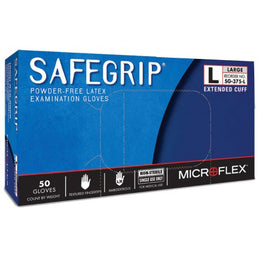 Microflex Medical Exam Glove SafeGrip® Large NonSterile Latex Extended Cuff Length Textured Fingertips Blue Chemo Tested - Box of 50 - SG-375-L-BX