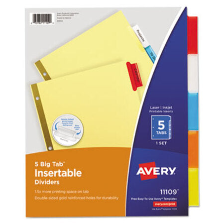 Avery® Insertable Big Tab Dividers, 5-Tab, Double-Sided Gold Edge Reinforcing, 11 x 8.5, Buff, Assorted Tabs, 1 Set - ST/1 - AVE-11109-ST