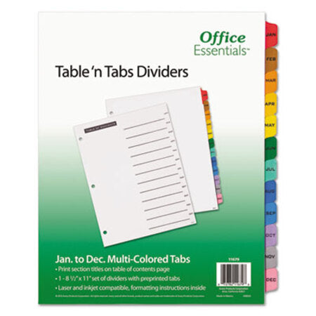 Office Essentials™ Table 'n Tabs Dividers, 12-Tab, Jan. to Dec., 11 x 8.5, White, Assorted Tabs, 1 Set - ST/1 - AVE-11679-ST
