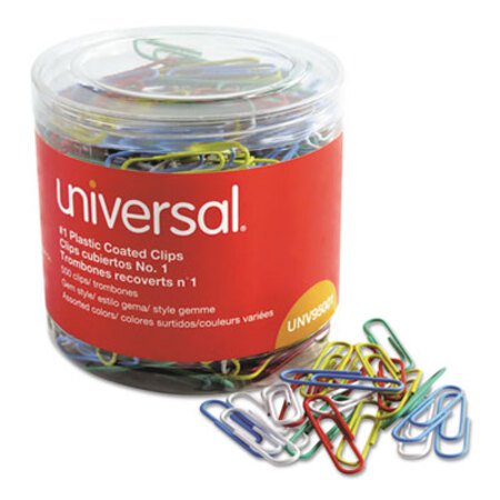 Universal® Plastic-Coated Paper Clips with One-Compartment Storage Tub, #1, Assorted Colors, 500/Pack - Pack of 1 - UNV-95001-PK