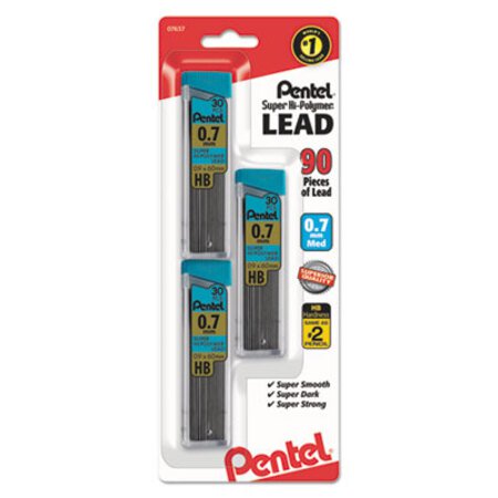 Pentel® Super Hi-Polymer Lead Refills, 0.7 mm, HB, Black, 30/Tube, 3 Tubes/Pack - Pack of 1 - PEN-C27BPHB3K6-PK