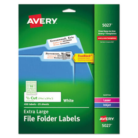 Avery® Extra-Large TrueBlock File Folder Labels with Sure Feed Technology, 0.94 x 3.44, White, 18/Sheet, 25 Sheets/Pack - Pack of 1 - AVE-5027-PK