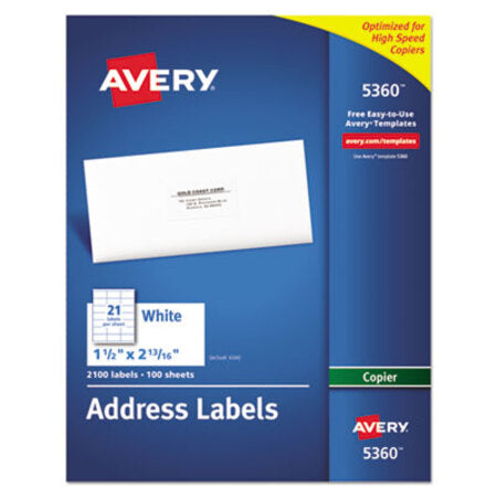 Avery® Copier Mailing Labels, Copiers, 1.5 x 2.81, White, 21/Sheet, 100 Sheets/Box - Box of 1 - AVE-5360-BX