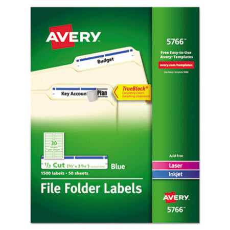 Avery® Permanent TrueBlock File Folder Labels with Sure Feed Technology, 0.66 x 3.44, Blue/White, 30/Sheet, 50 Sheets/Box - Box of 1 - AVE-5766-BX