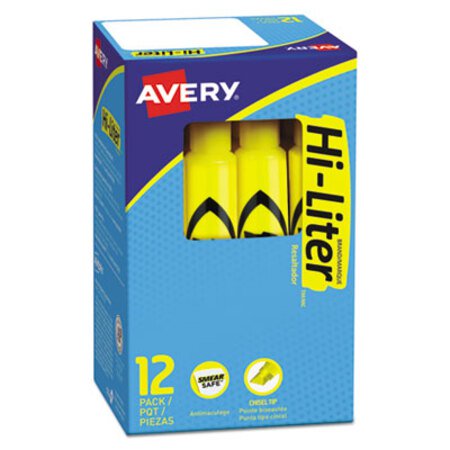 Avery® HI-LITER Desk-Style Highlighters, Yellow Ink, Chisel Tip, Yellow/Black Barrel, Dozen - DZ/1 - AVE-07742-DZ