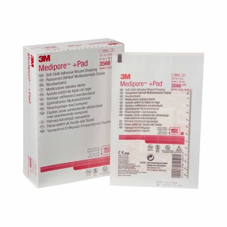 3M Adhesive Dressing 3M™ Medipore™ 3-1/2 X 4 Inch Soft Cloth Rectangle White Sterile - Box of 25 - 3566-BX