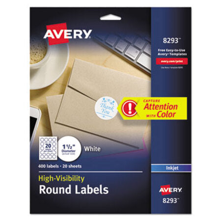 Avery® Vibrant Inkjet Color-Print Labels w/ Sure Feed, 1.5" dia, White, 400/PK - Pack of 1 - AVE-8293-PK