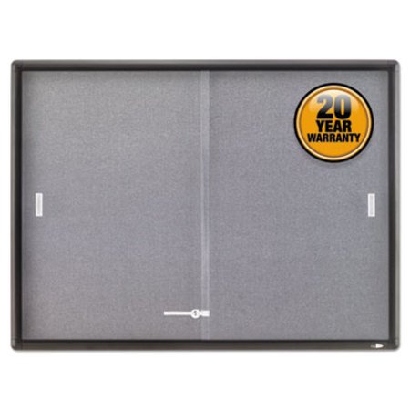 Quartet® Enclosed Indoor Cork and Gray Fabric Bulletin Board with Two Sliding Glass Doors, 48 x 36, Graphite Gray Aluminum Frame - Each - QRT-2364S-EA