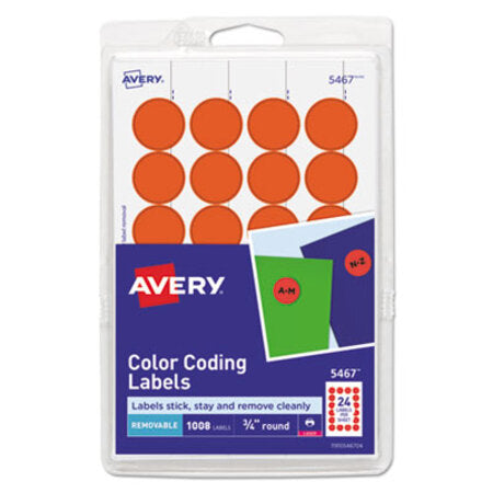 Avery® Printable Self-Adhesive Removable Color-Coding Labels, 0.75" dia, Neon Red, 24/Sheet, 42 Sheets/Pack, (5467) - Pack of 1 - AVE-05467-PK