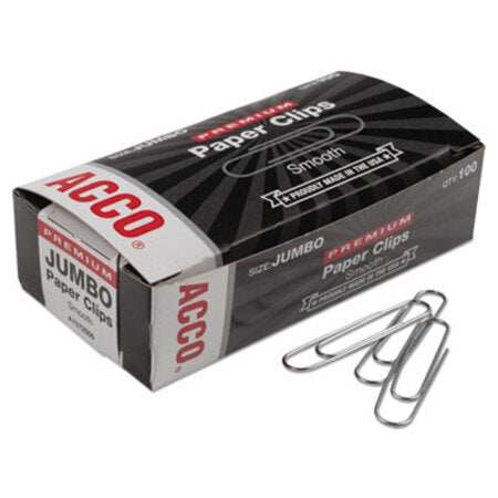 ACCO Premium Heavy-Gauge Wire Paper Clips, Jumbo, Smooth, Silver, 100 Clips/Box, 10 Boxes/Pack - Pack of 1 - ACC-72500-PK