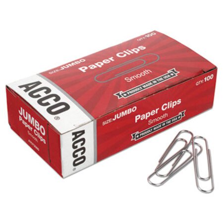 ACCO Paper Clips, Jumbo, Smooth, Silver, 100 Clips/Box, 10 Boxes/Pack - Pack of 1 - ACC-72580-PK