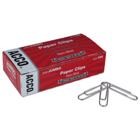 ACCO Paper Clips, Jumbo, Nonskid, Silver, 100 Clips/Box, 10 Boxes/Pack - Pack of 1 - ACC-72585-PK