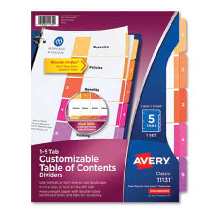 Avery® Customizable TOC Ready Index Multicolor Tab Dividers, 5-Tab, 1 to 5, 11 x 8.5, White, Traditional Color Tabs, 1 Set - ST/1 - AVE-11131-ST