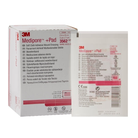 3M Adhesive Dressing 3M™ Medipore™ 2 X 2-3/4 Inch Soft Cloth Rectangle White Sterile - Each - 3562-EA