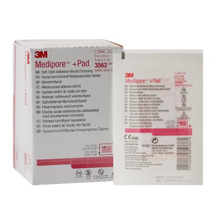 3M Adhesive Dressing 3M™ Medipore™ 2 X 2-3/4 Inch Soft Cloth Rectangle White Sterile - Case of 200 - 3562-CS