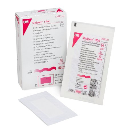 3M Adhesive Dressing 3M™ Medipore™ 3-1/2 X 6 Inch Soft Cloth Rectangle White Sterile - Box of 25 - 3569-BX