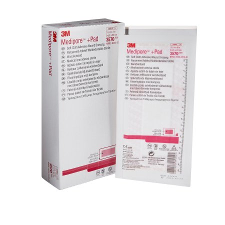 3M Adhesive Dressing 3M™ Medipore™ 3-1/2 X 8 Inch Soft Cloth Rectangle White Sterile - Case of 100 - 3570-CS