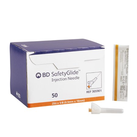 BD Safety Hypodermic Needle SafetyGlide™ 5/8 Inch Length 25 Gauge Regular Wall Sliding Safety Needle - Case of 500 - 305901-CS