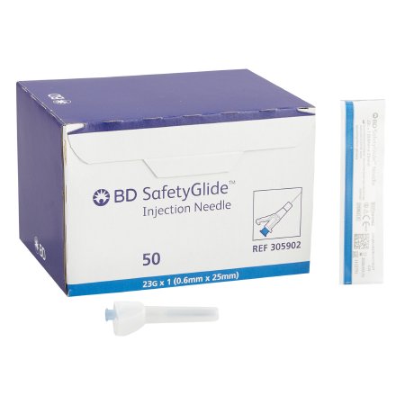 BD Safety Hypodermic Needle SafetyGlide™ 1 Inch Length 23 Gauge Regular Wall Sliding Safety Needle - Box of 50 - 305902-BX