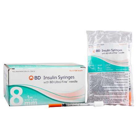 BD Standard Insulin Syringe with Needle Ultra-Fine™ 1 mL 5/16 Inch 31 Gauge NonSafety Regular Wall - Case of 500 - 328418-CS