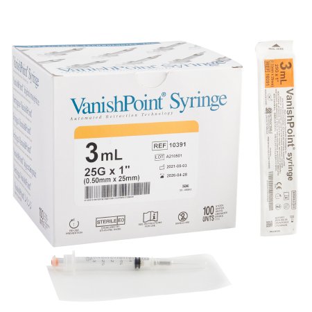 Retractable Technologies Safety Hypodermic Syringe with Needle VanishPoint® 3 mL 1 Inch 25 Gauge Retractable Safety Needle Regular Wall - Each - 10391-EA
