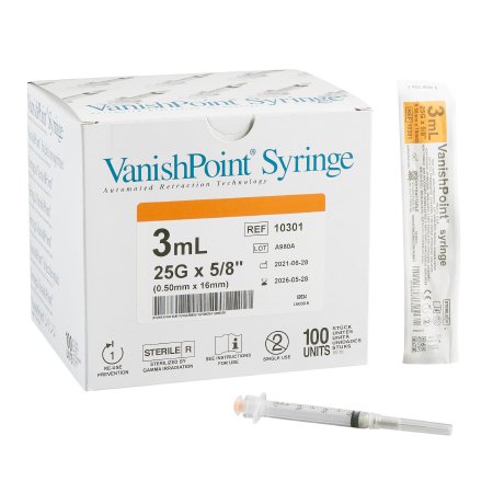 Retractable Technologies Safety Hypodermic Syringe with Needle VanishPoint® 3 mL 5/8 Inch 25 Gauge Retractable Safety Needle Regular Wall - Box of 100 - 10301-BX