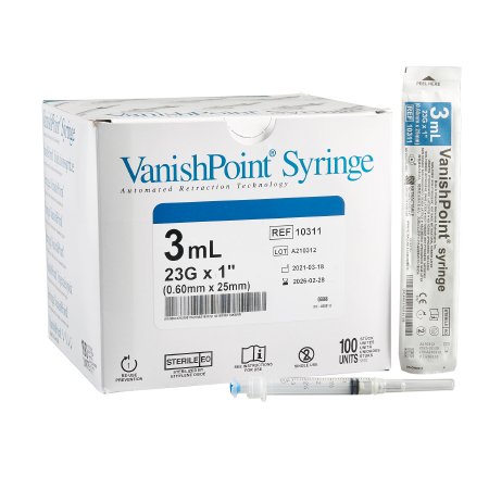 Retractable Technologies Safety Hypodermic Syringe with Needle VanishPoint® 3 mL 1 Inch 23 Gauge Retractable Safety Needle Regular Wall - Each - 10311-EA