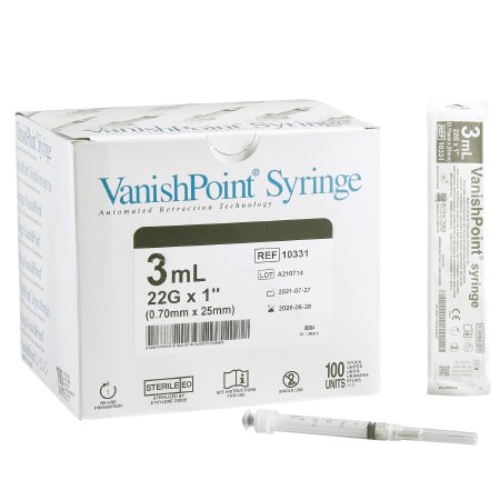 Retractable Technologies Safety Hypodermic Syringe with Needle VanishPoint® 3 mL 1 Inch 22 Gauge Retractable Safety Needle Regular Wall - Box of 100 - 10331-BX