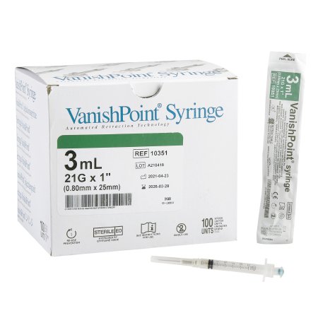 Retractable Technologies Safety Hypodermic Syringe with Needle VanishPoint® 3 mL 1 Inch 21 Gauge Retractable Safety Needle Regular Wall - Case of 600 - 10351-CS