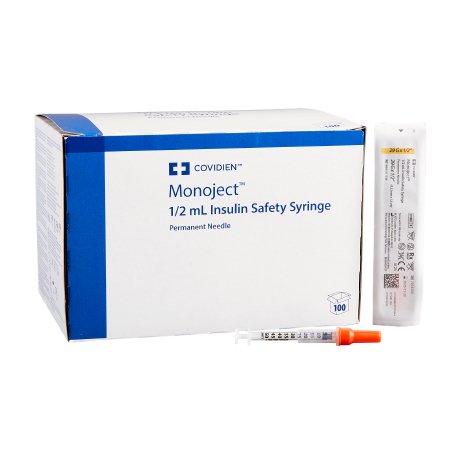 Cardinal Safety Insulin Syringe with Needle Monoject™ 0.5 mL 1/2 Inch 29 Gauge Sliding Safety Needle Regular Wall - Box of 100 - 8881511136-BX