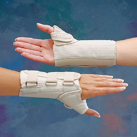 Patterson Medical Supply Wrist Brace with Thumb Spica Rolyan® D-Ring™ Original Aluminum / Cotton / Polyester Left Hand Beige X-Large - Each - A6159-EA