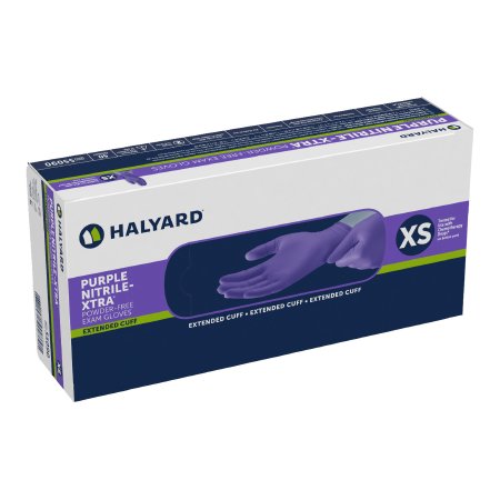 O&M Halyard Inc Exam Glove Purple Nitrile-Xtra™ X-Small NonSterile Nitrile Extended Cuff Length Textured Fingertips Purple Chemo Tested - Box of 50 - 55090-BX