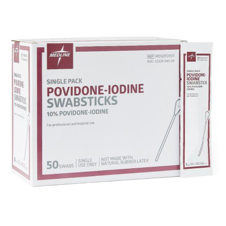 Medline Impregnated Swabstick 10% Strength Povidone-Iodine Individual Packet NonSterile - Box of 50 - MDS093901-BX