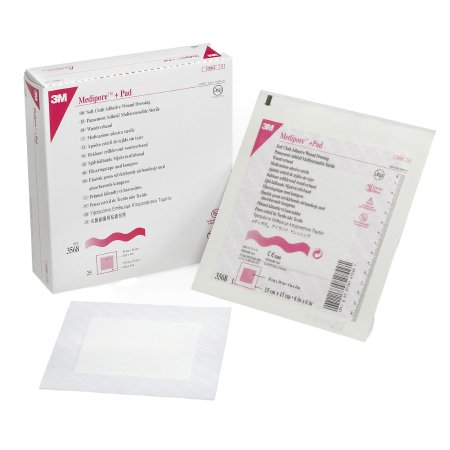 3M Adhesive Dressing 3M™ Medipore™ 6 X 6 Inch Soft Cloth Square White Sterile - Box of 25 - 3568-BX