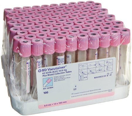 BD BD Vacutainer® Venous Blood Collection Tube Whole Blood Tube K2 EDTA Additive 13 X 100 mm 6 mL Pink BD Hemogard™ Closure Plastic Tube - Box of 100 - 367899-BX