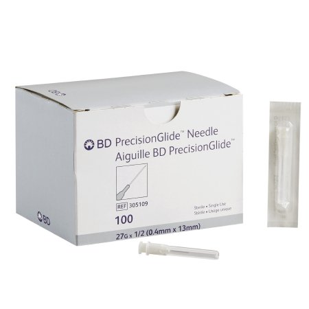 BD Hypodermic Needle PrecisionGlide™ 1/2 Inch Length 27 Gauge Regular Wall Without Safety - Box of 100 - 305109-BX