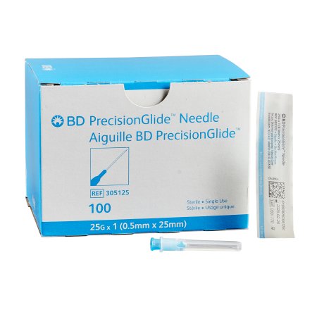 BD Hypodermic Needle PrecisionGlide™ 1 Inch Length 25 Gauge Regular Wall Without Safety - Box of 100 - 305125-BX