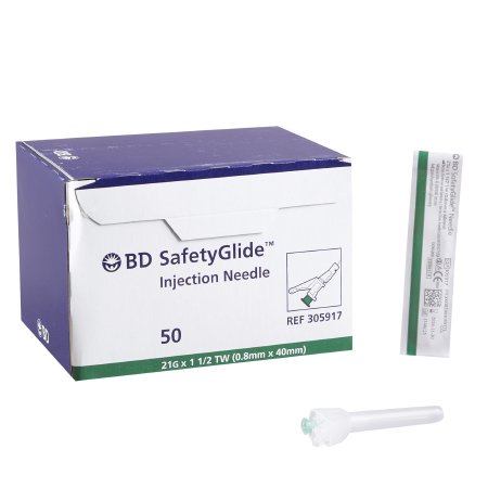 BD Safety Hypodermic Needle SafetyGlide™ 1-1/2 Inch Length 21 Gauge Regular Wall Sliding Safety Needle - Case of 500 - 305917-CS