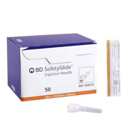 BD Safety Hypodermic Needle SafetyGlide™ 1 Inch Length 25 Gauge Regular Wall Sliding Safety Needle - Box of 50 - 305916-BX