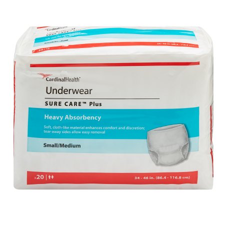 Cardinal Unisex Adult Absorbent Underwear Sure Care™ Plus Pull On with Tear Away Seams Small / Medium Disposable Heavy Absorbency - Bag of 20 - 1605-BG
