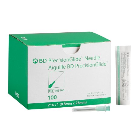 BD Hypodermic Needle PrecisionGlide™ 1 Inch Length 21 Gauge Thin Wall Without Safety - Box of 100 - 305165-BX