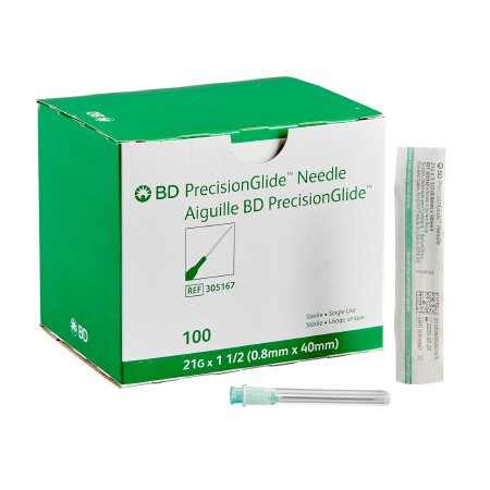 BD Hypodermic Needle PrecisionGlide™ 1-1/2 Inch Length 21 Gauge Thin Wall Without Safety - Case of 1000 - 305167-CS