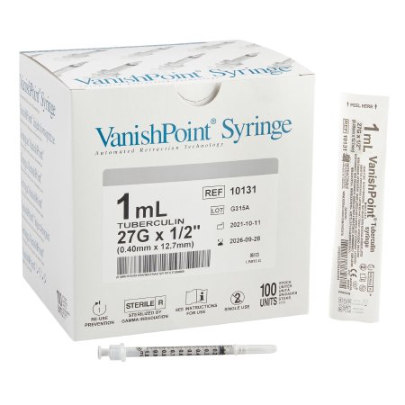 Retractable Technologies Safety Tuberculin Syringe with Needle VanishPoint® 1 mL 1/2 Inch 27 Gauge Retractable Safety Needle Regular Wall - Box of 100 - 10131-BX