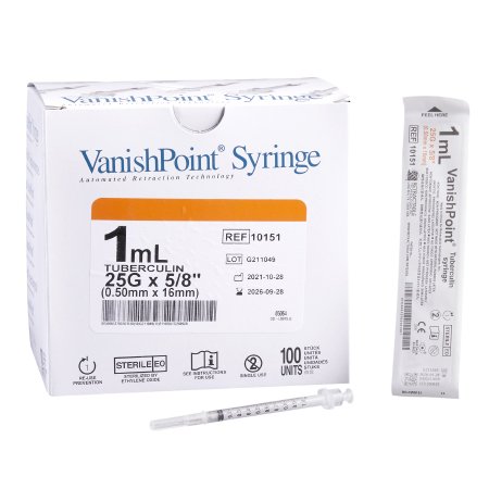 Retractable Technologies Safety Tuberculin Syringe with Needle VanishPoint® 1 mL 5/8 Inch 25 Gauge Retractable Safety Needle Regular Wall - Case of 800 - 10151-CS