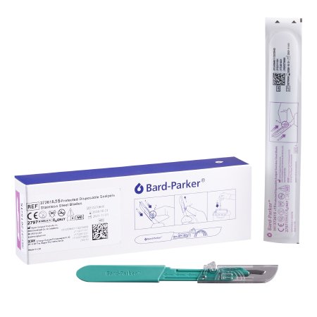 Aspen Surgical Products Safety Scalpel Bard-Parker™ Conventional No. 15 Stainless Steel / Plastic Nonslip Grip Handle with Centimeter Scale Sterile Disposable - Each - 372615-EA