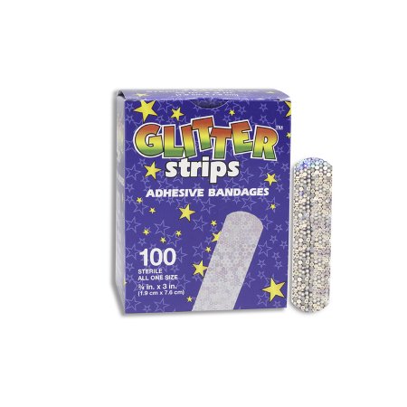 Dukal Adhesive Strip Glitter™ Stat Strip® 3/4 X 3 Inch Plastic Rectangle Kid Design (Glitter Stars and Stripes) Sterile - Case of 1200 - GLIAST100-CS