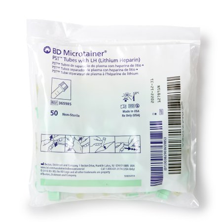 BD BD Microtainer® Capillary Blood Collection Tube Plasma Tube Lithium Heparin / Separator Gel Additive 15.3 X 46 mm 400 ÂµL to 600 ÂµL Mint Green BD Microgard™ Closure Plastic Tube - Box of 50 - 365985-BX