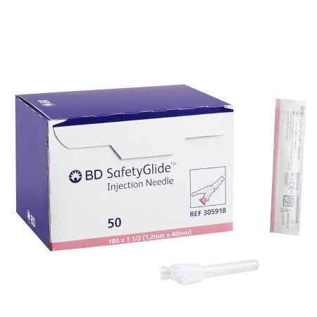 BD Safety Hypodermic Needle SafetyGlide™ 1-1/2 Inch Length 18 Gauge Regular Wall Sliding Safety Needle - Case of 500 - 305918-CS